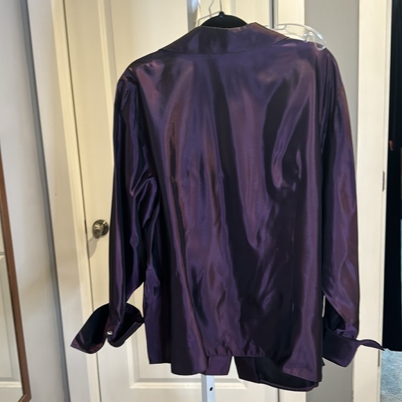 JS Collection Purple Tafetta Shiny Holiday New Years Button Belted blouse top - Picture 4 of 13